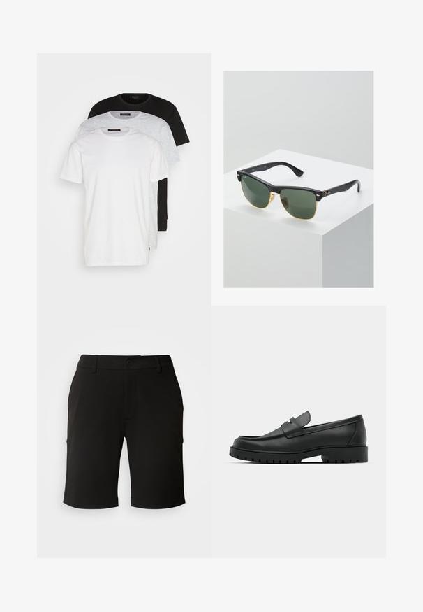 Tričko s crew neckom v bielej, svetlo sivej a čiernej farbe. Vyrobené z jemnej bavlny, s krátkymi rukávmi a vo voľnom strihu.; Čierne šortky vyrobené z mäkkého materiálu s priliehavým strihom, s predným zapínaním na gombík a dvoma bočnými vreckami. Lem je mierne ohrnutý.; Čierne kožené mokasíny s okrúhlou špičkou, s prešitým dizajnom, nízkou platformou a textúrovanou, zúbkovanou gumovou podrážkou.; Slnečné okuliare Ray-Ban so zelenými sklami, čiernymi plastovými rámami a zlatými akcentami na okrajoch. Štvorcový tvar s matným povrchom.