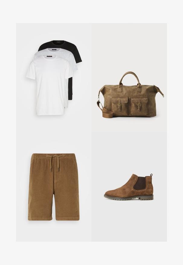 Kolme crew neck t-paitaa valkoisena, vaaleanharmaana ja mustana. Valmistettu pehmeästä puuvillasta, jossa on lyhyet hihat ja rento malli.; Ruske korduroy-shortsit, joissa on joustava vyölenkki ja naru, suora malli ja käännetyt helmat. Yksinkertainen muotoilu, tekstuuri materiaali.; Ruskeat mokkanahkaiset Chelsea-saappaat, joissa on joustavat sivupaneelit, vetoketju ja kuvioitu kumipohja, jossa on urat pitoa varten.; Ruskea nahkainen duffel-laukku, jossa on kaksi etutaskua, säädettävä olkahihna, kultaiset yksityiskohdat ja tukevat yläkahvat. Lisääntynyt sileä rakenne.