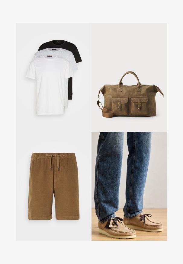 Drei Rundhals-T-Shirts in Weiß, Hellgrau und Schwarz. Hergestellt aus weicher Baumwolle, mit kurzen Ärmeln und einem lässigen Schnitt.; Braune Corduroy-Shorts mit elastischem Bund und Kordelzug, gerade geschnitten und mit umgeschlagenen Säumen. Einfaches Design, strukturierter Stoff.; Wildleder-Mokassins in Tan mit dunkelbraunen Akzenten, runder Zehenform und weichem weißen Fußbett. Sie verfügen über ein Schnürdesign und gestickte Details.; Braune Ledertasche mit zwei Fronttaschen, verstellbarem Schulterriemen, goldfarbenen Beschlägen und stabilen oberen Griffen. Glatte Textur.