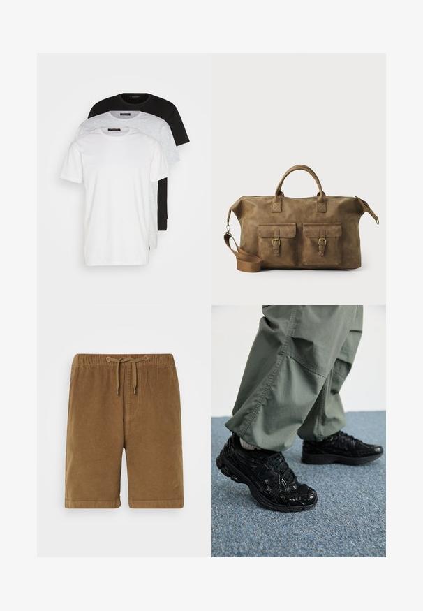 Tres camisetas de cuello redondo en blanco, gris claro y negro. Hechas de algodón suave, con mangas cortas y un ajuste relajado.; Pantalones cortos de pana marrones con cintura elástica y cordón de ajuste, con un corte recto y dobladillos doblados. Diseño simple, tejido texturizado.; Zapatillas deportivas negras con texturas brillantes y de malla, que presentan una suela gruesa y cordones, combinadas con pantalones cargo holgados de color verde oliva.; Bolso de cuero marrón tipo duffel con dos bolsillos frontales, correa para el hombro ajustable, herrajes dorados y asas superiores resistentes. Textura suave.