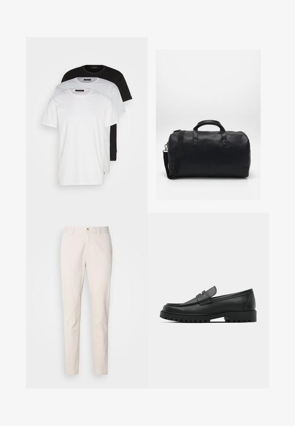 Three crew neck t-shirts in white, light grey, and black. Made of soft cotton, featuring short sleeves and a relaxed fit.; Scotch & Soda SEASONAL CORE STUART - Chinos - highway grey; Black leather loafers with a rounded toe, featuring a stitched design, low platform sole, and a textured, lugged rubber outsole.; Black duffel bag made of textured synthetic material. Features two handles and an adjustable shoulder strap. Simple design with no visible patterns.