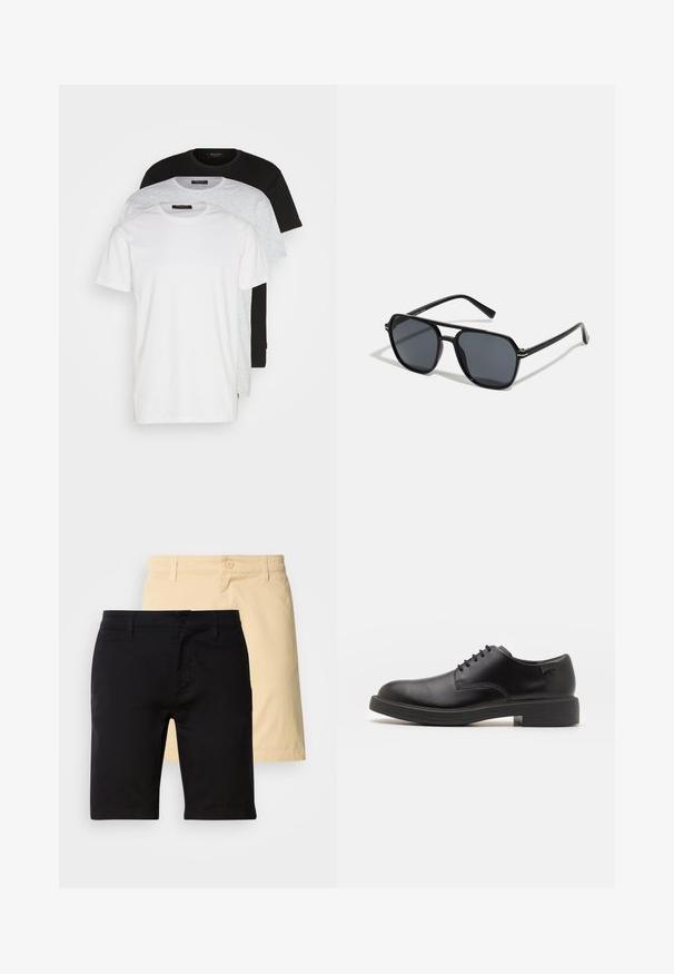 Trīs apļa kakla T-krekli balts, gaiši pelēks un melns. Izgatavoti no mīksta kokvilnas, ar īsām piedurknēm un brīvu piegriezumu.; Melni un bēši kokvilnas šorti ar pogu aizdari, jostas cilpām un taisnu piegriezumu. Melnie šorti ir priekšā.; Melna āda sašūta kurpe ar noapaļotu purngalu, gludu tekstūru, minimālu šuvju skaitu un zemu gumijas papēdi. Logo uz papēža.; Melnas saules brilles ar astoņstūra rāmī, tumšiem stikliem, spīdīgu apdari, plānām kājām un zelta akcentiem priekšpusē.