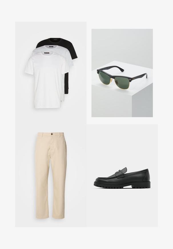 Trīs apļa kakla T-krekli balts, gaiši pelēks un melns. Izgatavoti no mīksta kokvilnas, ar īsām piedurknēm un brīvu piegriezumu.; Beige kokvilnas bikses ar taisnām kājām, priekšējo pogu aizdari, sānu kabatām un gludu tekstūru. Minimālistisks dizains, bez redzamām rakstām.; Melnas ādas loafers ar noapaļotu purngalu, ar izšūtu dizainu, zemu platformas zoli un teksturētu, rievotu gumijas ārējo zoli.; Ray-Ban saulesbrilles ar zaļiem stikliem, melniem plastmasas rāmiem un zelta akcentiem malās. Kvadrāta forma ar matētu apdari.