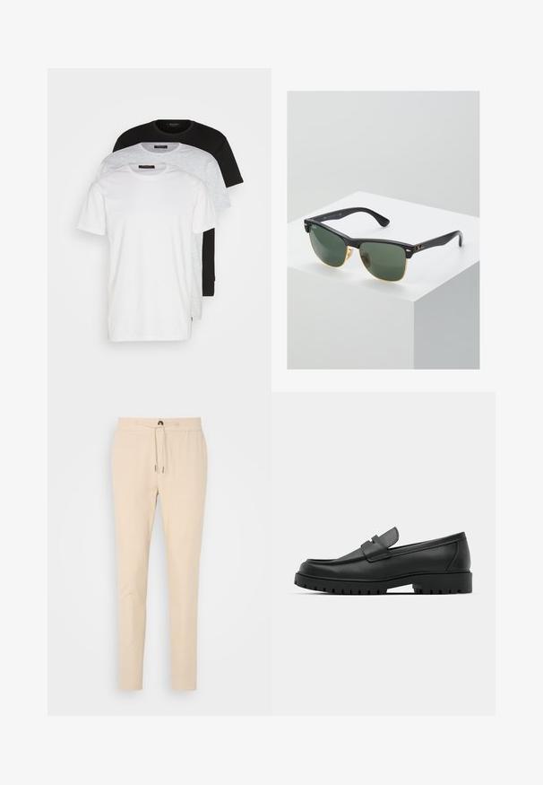 Trois t-shirts à col rond en blanc, gris clair et noir. Fabriqués en coton doux, avec des manches courtes et une coupe décontractée.; Pantalons beige fuselés en tissu doux, dotés d'une taille élastique avec cordon de serrage et d'une poche avant. Texture lisse et design subtil.; Mocassins en cuir noir à bout arrondi, avec un design cousu, une semelle plateforme basse et une semelle en caoutchouc texturée et crantée.; Lunettes de soleil Ray-Ban avec des verres verts, monture en plastique noir et accents dorés sur les bords. Forme carrée avec une finition mate.