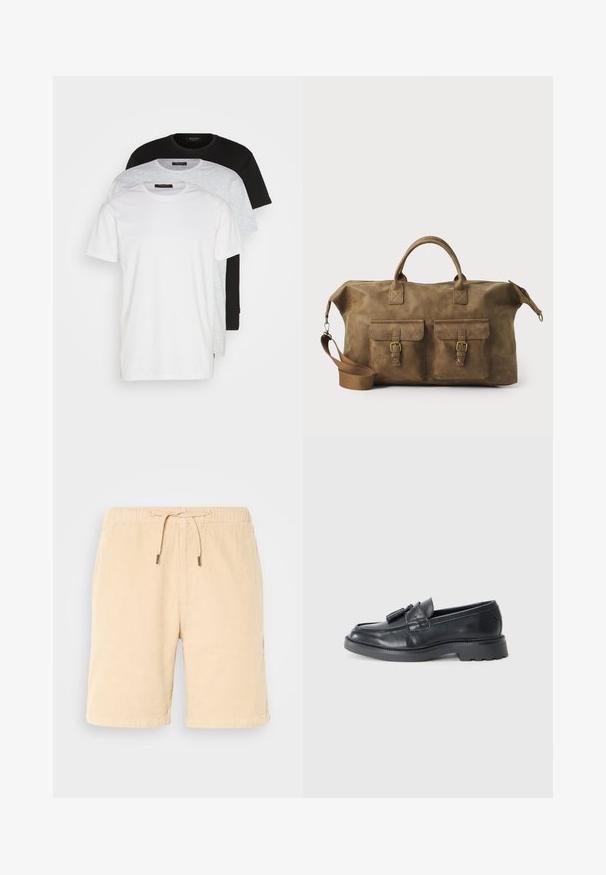 Tři trička s kulatým výstřihem v bílé, světle šedé a černé barvě. Vyrobena z měkké bavlny, mají krátké rukávy a volný střih.; Beige korduroy šortky s elastickým páskem a šňůrkou. Mají boční kapsy a rovný střih. Jemná textura a hladký povrch.; Černé kožené mokasíny s kulatou špičkou, páskem se třásněmi a robustní podrážkou s vzorováním. Hladká textura a klasický design.; Hnědá kožená cestovní taška s dvěma předními kapsami, nastavitelným ramenním popruhem, zlatými kovovými prvky a pevnými horními uchy. Hladký povrch.; Vícevrstvý náhrdelník s kovovými stříbrnými řetězy a korálky v bílé a hnědé barvě, který představuje různé textury a tvary.