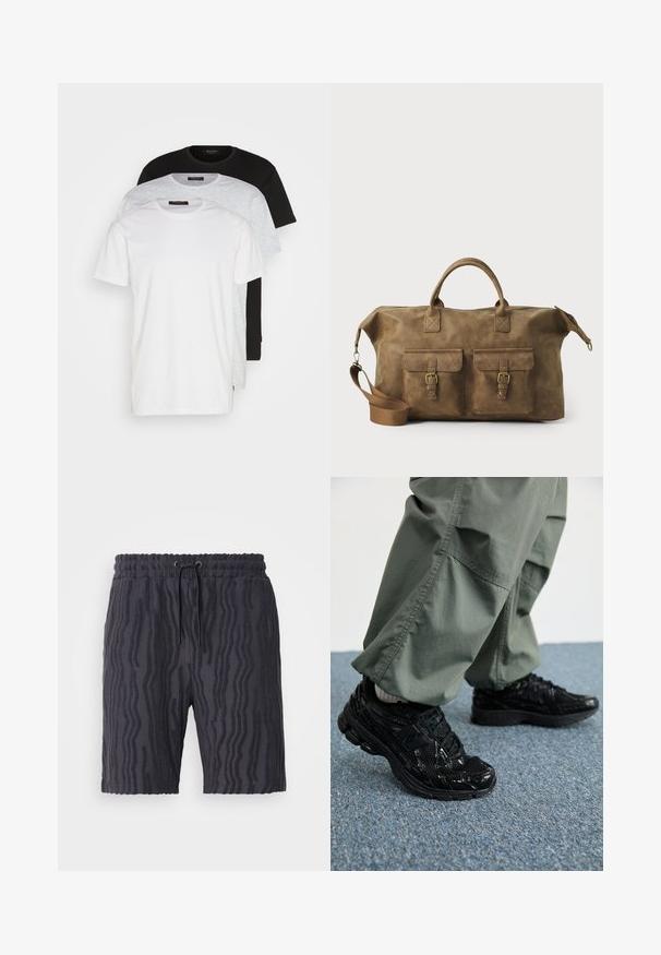 Trīs apļa kakla T-krekli balts, gaiši pelēks un melns. Izgatavoti no mīksta kokvilnas, ar īsām piedurknēm un brīvu piegriezumu.; Melni šorti ar strukturētu viļņu rakstu, elastīgu jostasvietu un regulējamu auklu, izgatavoti no mīksta, viegla auduma.; Melni sporta apavi ar spīdīgu un sieta tekstūru, ar biezu zoli un auklām, kombinēti ar brīvām olīvzaļām kravas biksēm.; Brūns ādas ceļojumu soma ar diviem priekšējiem kabatām, regulējamu plecu siksnu, zelta detaļām un stingrām augšējām rokturiem. Gluda tekstūra.