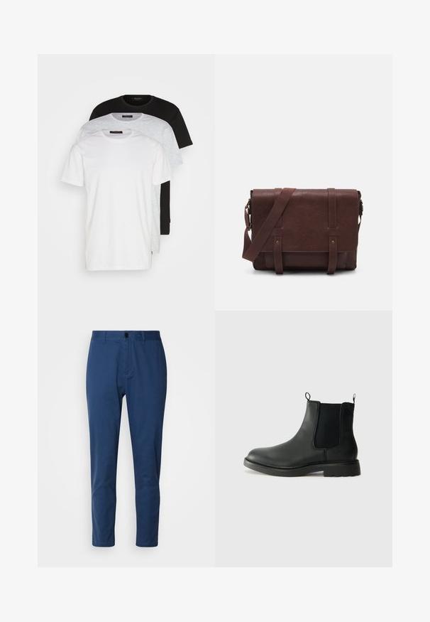 Trois t-shirts à col rond en blanc, gris clair et noir. Fabriqués en coton doux, avec des manches courtes et une coupe décontractée.; Pantalons en coton bleu marine avec une texture lisse, coupe droite et fermeture à bouton à la taille. Ne présente aucun motif ni matériel visible.; Bottines Chelsea en cuir noir avec des panneaux élastiques sur les côtés, des languettes de tirage, un bout arrondi et une semelle en caoutchouc texturée. Surface lisse et design robuste.; Sac en cuir marron de style messager avec un rabat plat à l'avant, deux sangles, des accents en métal doré et une bandoulière adjustable.