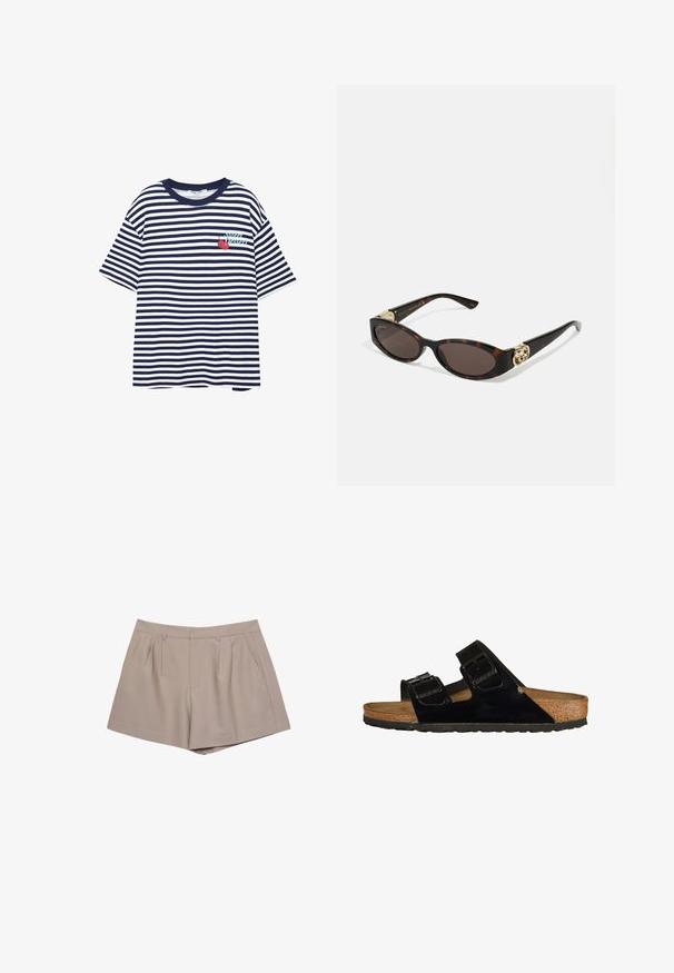 Pruhované tričko v námořnické modré a bílé barvě, krátké rukávy, kulatý výstřih, s grafikou třešní a textem "Super Dessert" na levém prsu.; Béžové šortky s vysokým pasem, se záložkami, bočními kapsami a páskovými poutky, vystavené na bílém pozadí.; Černé lakované kožené sandály s dvěma nastavitelnými popruhy, korkovou stélkou a gumovou podrážkou, s hladkým povrchem a minimalistickým designem.; Brýle sluneční s kočičím vzorem, prodloužené oválné čočky, hnědý odstín, zlaté logo na spáncích a elegantní černé nožičky.