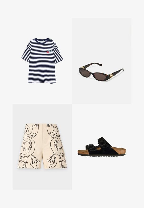 T-shirt a righe blu navy e bianco, maniche corte, colletto rotondo, con una grafica di ciliegie e il testo "Super Dessert" sul petto a sinistra.; Shorts beige con design ricamati neri, che mostrano forme astratte con contorni. Realizzati in un tessuto leggero, offrono uno stile casual.; Sandali neri in pelle verniciata con due cinturini regolabili, soletta in sughero e suola in gomma, caratterizzati da una texture liscia e un design minimalista.; Occhiali da sole tartarugati con lenti ovali allungate, tonalità marrone, accenti dorati con logo sulle tempie e aste nere eleganti.