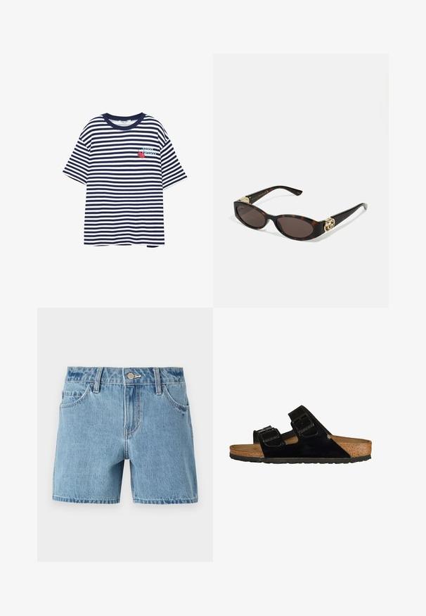 Raido-efekti T-paita tummansinisestä ja valkoisesta, lyhyet hihat, pyöreä kaula-aukko, jossa on kirsikoiden grafiikka ja teksti "Super Dessert" vasemmassa rinnassa.; Vaaleansiniset farkkushortsit suoraan leikkuulla, viidellä taskulla, vyölenkeillä ja nappikiinnityksellä. Ominaisuuksiin kuuluu hillitty ompelu ja pehmeä rakenne.; Musta patentoitu nahkaisandaalit, joissa on kaksi säädettävää hihnaa, korkkijalkatuki ja kumipohja, joissa on sileä pinta ja minimalistinen muotoilu.; Silmärilakkiset tortoiseshell-aurinkolasit, joissa on pitkänomaiset ovaalit linssit, ruskea sävy, kultaiset logo-koristeet temppeleissä ja sulavalinjaiset mustat varret.