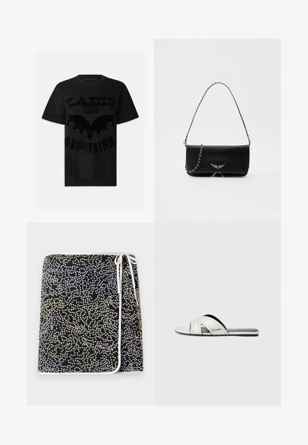 Fekete pamut póló fényes fekete grafikával, melyen a "ZADIG 1997 & VOLTAIRE" felirat és egy denevérszerű minta látható. Rövid ujjú.; Fekete, átkötős szoknya, amely multszínű csillagmintával rendelkezik, pasztell sárga, zöld és kék árnyalatokban, fehér díszítéssel és kötővel.; Ezüst, lapos csúszó szandál, fényes fémes felülettel, ívelt pánt kialakítással, kivágott díszítésekkel és texturált talppal a tapadás érdekében.; Fekete bőrtáska ezüstlánc pánttal, díszes szárnyakkal és fehér varrással az alsó varrat mentén.