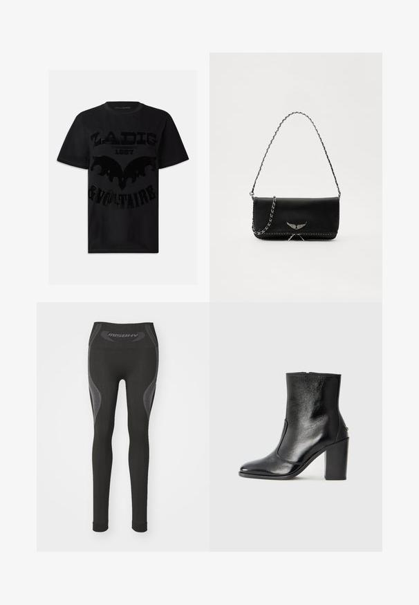 Juodas medvilninis marškinėliai su blizgiu juodu grafiniu spaudiniu, kuriame yra užrašas "ZADIG 1997 & VOLTAIRE" ir šikšnosparnių dizainas. Trumpomis rankovėmis.; Juodos leggingai su aukšta juosmens linija, su pilkais akcentais ir tekstūruotais paneliais šonuose. Pagaminti iš tamprios medžiagos.; Juodas odinis kulkšninis batas su lygiu paviršiumi, smailiu pirštu ir masyviu aukštu kulnu. Savybė - šoninis atidarymas ir minimalistiškas dizainas.; Juodas odinis delninukas su sidabro spalvos grandinele, papuoštas dekoratyviniais sparnų akcentais ir balta siūle apačioje.