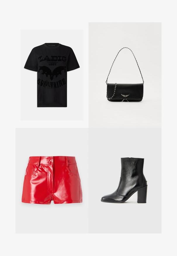 Svart bomullströja med en glansig svart grafisk tryck som visar texten "ZADIG 1997 & VOLTAIRE" tillsammans med en fladdermusliknande design. Kort ärm.; Röda faux lädershorts med en glänsande yta, som har hög midja, framfickor och sömnadsdetaljer. Strukturerad, figurnära design.; Svart läderankelboot med en slät yta, spetsig tå och en kraftig hög klack. Har en sidöppning och ett minimalistiskt design.; Svart läderhandväska med en silverkedja, prydd med dekorativa vingdetaljer och vit sömnad längs den nedre sömmen.