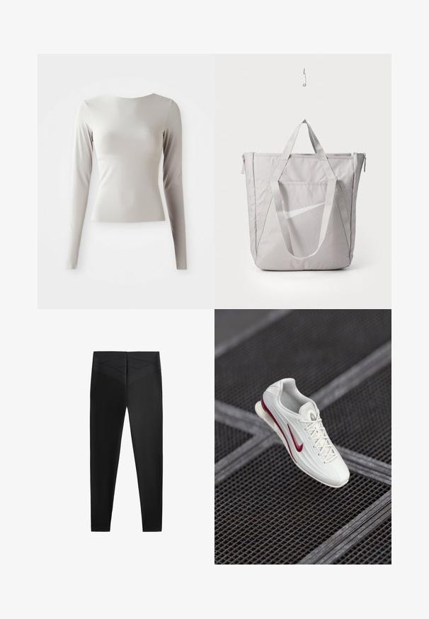 Ljusgrå långärmad topp i slätt, mjukt tyg med rund halsringning och figurnära silhuett. Slutningen är något utflädd i botten.; Svarta atletiska tights med en slät textur, utrustade med en bred midjeresår och ett diagonalt mönster nära midjan för extra designdetalj.; Vit sportskor med en texturerad yta, utrustad med en röd accent-swoosh, snörningsdesign och en dämpad sula, svävande över en rutnätsbakgrund.; Grå tote-väska med förstärkta handtag, framficka med dragkedja och en vit Nike-swoosh-logga. Tillverkad av slitstarkt tyg med en slät yta.