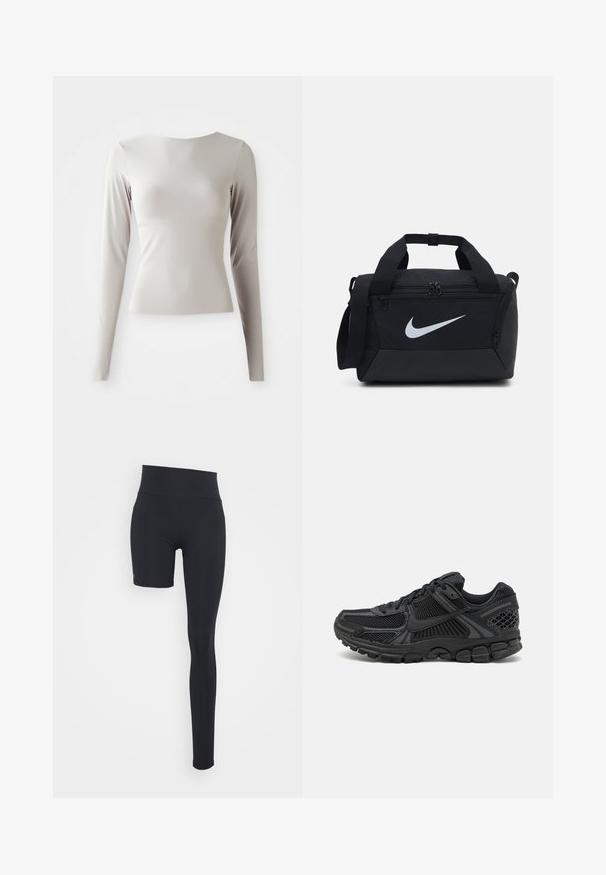 Šviesiai pilka ilgomis rankovėmis palaidinė, pagaminta iš glotnaus, sklandaus audinio, su apvaliu iškirpimu ir prigludusia siluetu. Apačia šiek tiek platėja.; Even&Odd active ADAPTIVE LEGGINGS - Tamprės - black/short right leg; Juoda sportinė avalynė su tinklelio viršumi, guma padu ir tekstūruotomis detalėmis. Dizainas apima išryškintą raištelių sistemą ir paminkštintą padą.; Juodas sportinis krepšys su lygiu audiniu, dviem užtrauktukais užsegamais skyreliais, paminkštintomis rankenomis ir dideliu baltu Nike logotipu priekyje.
