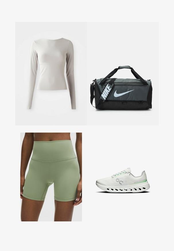 Helehall pikkade varrukatega topp, mis on valmistatud siledast ja libedast kangast, ümarate kaelustega ja kitseneva siluetiga. Džempril on all veidi laienev äär.; Kõrge vöökohaga, oliivrohelised lühikesed püksid, mis on valmistatud siledast venivast kangast. Omab lamedaid õmblusi ja on loodud mugavuse ja paindlikkuse tagamiseks.; Valge jooksukeng, millel on võrgust ülemine osa, rohelised aktsendid ja hõbedane logo. Omab paksu, pehmendatud talla, millel on ventilatsiooniks lõikeavad.; Nike'i kott, tumehall ja musta disainiga, millel on suur valge logo, kaks käepidet ja reguleeritav õlarihm.