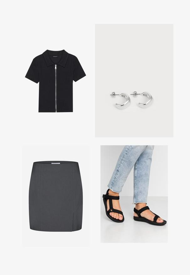 Polo negro de manga corta con textura acanalada, que presenta un cierre frontal con cremallera y un cuello puntiagudo. Diseño simple con acentos mínimos.; Envii SPLIT - Falda de tubo - grey; Sandalias negras con correas ajustables. Material suave y texturizado con una plantilla moldeada. Combinadas con unos vaqueros desgastados de color azul claro.; Pendientes de aro de plata con un acabado suave y pulido. Forma redonda con un diseño ligeramente curvado y bordes suaves. Cierre de pin.