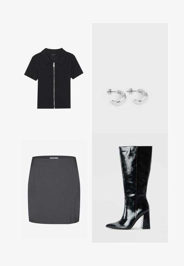 Sort kortærmet polo skjorte med ribbet tekstur, med en lynlåslukning front og en spidse krave. Enkel design med minimale accenter.; Envii SPLIT - Pencil skirt - grey; Sorte knæhøje støvler lavet af blank læder, med spidse tå og en chunky geometrisk hæl med en glat tekstur.; Sølvøreringe med en glat, poleret overflade. Rund form med et let buet design og sammenblandede kanter. Med stiftlåsesystem.