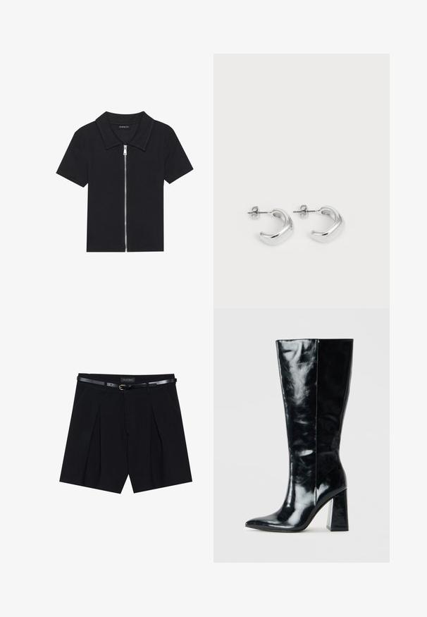 Must-havesinine musta lühikeste varrukate polo särk, millel on ribakujuline tekstuur, varustatud lukuga esiosaga ja terava kraega. Lihtne disain minimaalse aktsentiga.; Mustade plekkidega kohandatud lühikesed püksid, millel on peen must vööt kuldse pandlaga. Valmistatud siledast kangast, pakkudes poleeritud välimust.; Mustad põlvikud, mis on valmistatud läikivast nahast, terava ninaga ja tugeva geomeetrilise kontsaga, mis on sileda tekstuuriga.; Hõbedased rõngas kõrvarõngad, millel on sile ja poleeritud viimistlus. Ümmargune kuju, millel on veidi kumer disain ja sulandatud servad. Klambri sulgemine.