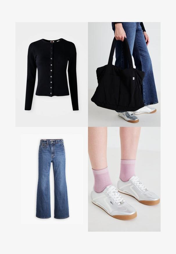 Cárdigan negro acanalado con mangas largas, escote redondo y cierres de botones en el frente con botones plateados. Ajustado al cuerpo con una textura suave.; Pantalones vaqueros de denim azul de cintura alta con un diseño de pierna ancha, que cuentan con un bolsillo delantero, cierre de botón de bronce y costuras en contraste.; Zapatillas deportivas plateadas con acentos blancos y suelas de goma, combinadas con calcetines rosa de canalé, mostrando un diseño de perfil bajo.; Bolsa tote de tela negra con un diseño acolchado, dos asas resistentes y una pequeña etiqueta con el logo en la parte frontal, sostenida por una persona con pantalones de mezclilla.