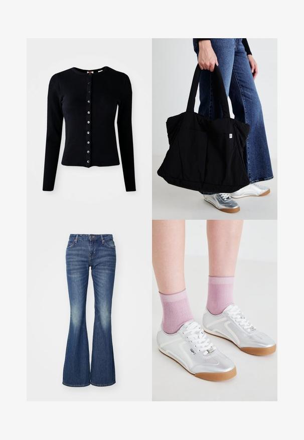 Czarny kardigan z prążkowanej dzianiny, z długimi rękawami, okrągłym dekoltem i zapięciem na guziki z przodu, wyposażony w srebrne guziki. Dopasowany krój o gładkiej fakturze.; Rozszerzane niebieskie dżinsy wykonane z denimu z efektem jasnego prania, z klasycznymi kieszeniami i pojedynczym zapięciem na guziczek.; Srebrne buty sportowe z białymi akcentami i podeszwami z gumy, noszone z prążkowanymi różowymi skarpetkami, prezentujące niski profil.; Czarna torba materiałowa o puszystym wzorze, z dwoma solidnymi uchwytami i małą łatką z logo z przodu, trzymana przez osobę ubraną w dżins.