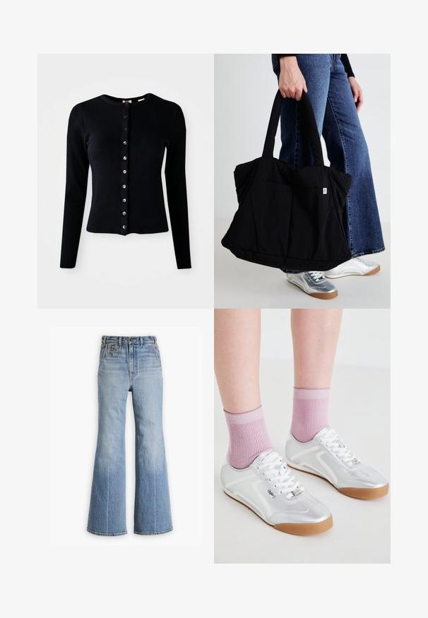 Black ribbed cardigan with long sleeves, round neckline, and front button closures featuring silver buttons. Form-fitting with a smooth texture.; Light blue denim flared jeans with a high waist, featuring a button and zipper closure, front pocket, and frayed hem at the bottom.; Silver athletic shoes with white accents and gum rubber soles, paired with ribbed pink socks, showcasing a low-profile design.; Black fabric tote bag with a puffy design, two sturdy handles, and a small logo patch on the front, held by a person in denim.