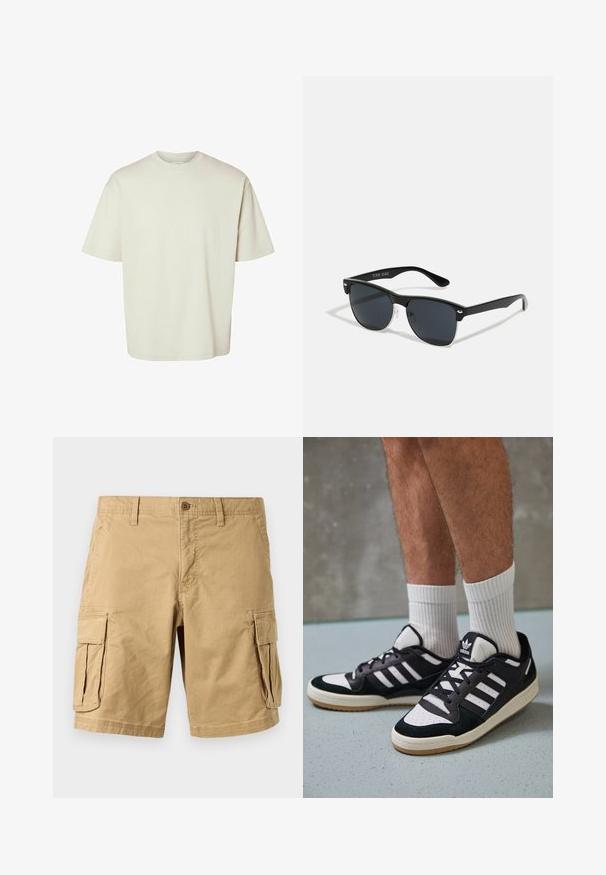 Overdimensjonert t-skjorte med rund hals i lys beige, laget av myk bomull. Korte ermer, avslappet passform og ensfarget design uten mønstre.; Beige cargo shorts laget av lett bomull, med to store sidelommer, knappelukking og beltehemper. Glatt tekstur.; Sorte og hvite sneakers med overdel i semsket skinn og lær, med tre hvite striper, perforert tå og en såle av gummi.; Sorte solbriller med rektangulær form, mørke linser, sølvfargede detaljer ved templene, og en matt finish på rammen.