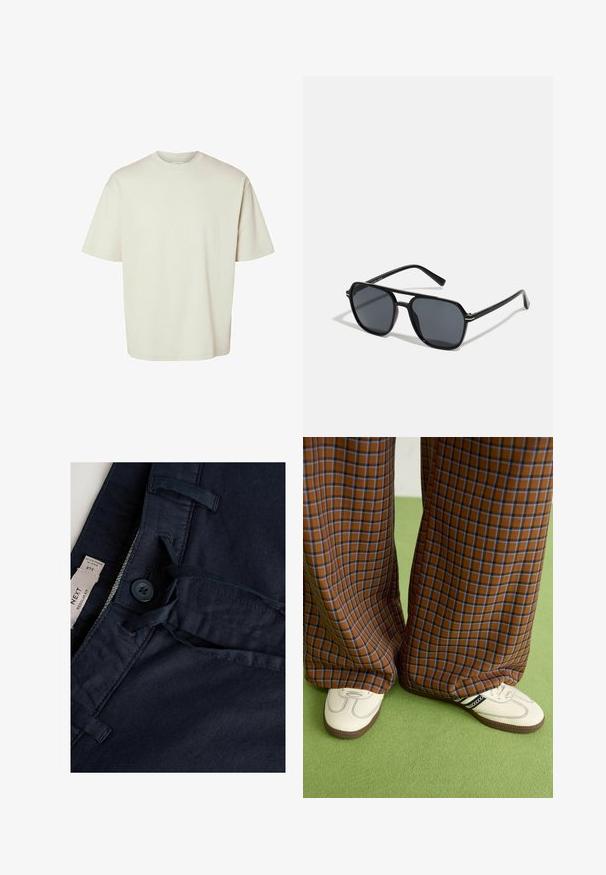 Lielizmēra crew neck t-krekls gaiši bežā krāsā, izgatavots no mīksta kokvilnas auduma. Īsas piedurknes, brīvs piegriezums un vienkāršs dizains bez rakstiem.; Tumši zili bikses ar gludu tekstūru, ar pogu aizdari, auklu un etiķeti. Šuves akcenti uz jostas detaļām.; Brūni un zili rūtaini platās kājas bikses, kas savienotas ar baltām kurpēm ar melniem akcentiem un teksturētām zolēm, uz zaļa fona.; Melnas saules brilles ar astoņstūra rāmī, tumšiem stikliem, spīdīgu apdari, plānām kājām un zelta akcentiem priekšpusē.