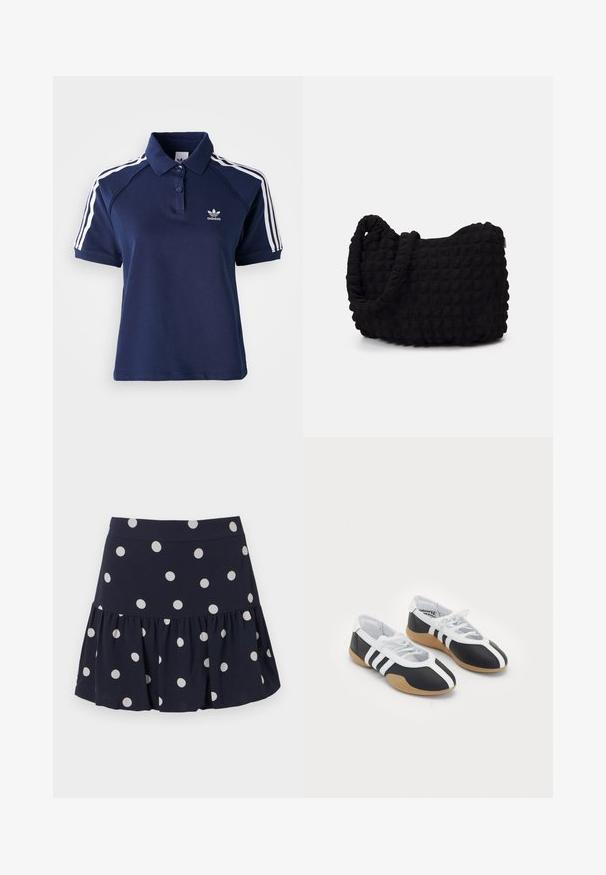 Tamsiai mėlynas polo marškinėlių šalikas, pagamintas iš medvilnės mišinio, su apykakle, trimis mygtukais ir baltais dryžiais ant pečių; turi siuvinėtą logotipą.; Tamsiai mėlyna šokio sijonas, pagamintas iš lengvos medžiagos, su išplėtimo kraštu. Yra dideli balti taškeliai ir elastingas juosmuo.; Juodos ir baltos sportinės bateliai su šiuolaikišku dizainu, guma padų, raištelių uždarymu ir trim baltom juostom šonuose.; Juodas audinio maišelis su tekstūruota, siuvinėta raštu. Apvalios formos, trumpi, stori rankenėlės ir minkšta, lanksti struktūra.