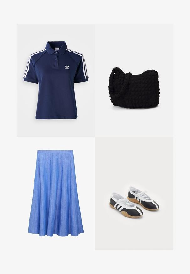Tamnoplav majica s ovratnikom, izdelana iz mešanice bombaža, s tremi gumbi in belimi črtami ob ramenih; vsebuje izvezeno logo.; Svetlo modra plisirana krila z navpičnimi belimi črtami. Narejena je iz mehkega blaga, ima srednjo dolžino in prilegajoč pas.; Črne in bele športne copate s sleek oblikovanjem, gumijastim podplatom, zapenjanjem na vezalke in tremi belimi črkami ob straneh.; Črn platneno torba z strukturiranim, quilted vzorcem. Okrogla oblika, kratki, debeli ročaji in mehak, fleksibilen konstrukt.