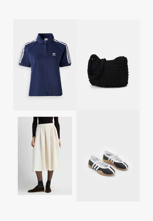 Marineblåt poloshirt lavet af en bomuldsblanding med krave, tre knapper og hvide striber langs skuldrene; har et broderet logo.; Kvinde iført en cremet plisseret midi-nederdel med sorte gennemsigtige strømpebukser, mørke glitrende sokker, brune snørebåndssko og en sort ribbet langærmet top.; Sort-hvide sportsko med et slankt design, gummisål, snørebåndslukning og tre hvide striber på siden.; Sort stofpose med en struktureret, quilted mønster. Rund form, korte, tykke håndtag, og en blød, fleksibel struktur.