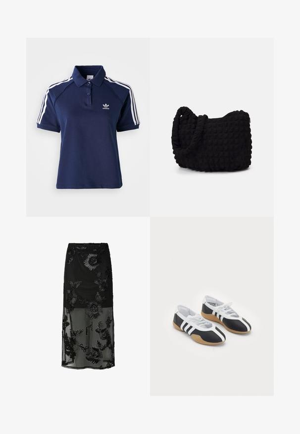Polo shirt bleu marine en mélange de coton avec un col, trois boutons et des rayures blanches le long des épaules ; arbore un logo brodé.; Jupe noire brodée de motifs floraux, en tissu semi-transparent, avec une taille ajustée et un design fluide, offrant un look à couches.; Baskets de sport noir et blanc au design élégant, semelle en caoutchouc, fermeture à lacets et trois rayures blanches sur les côtés.; Sac en tissu noir avec un motif texturé et matelassé. Forme arrondie, poignées courtes et épaisses, et structure souple et flexible.