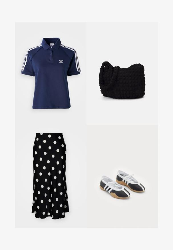 Polo shirt bleu marine en mélange de coton avec un col, trois boutons et des rayures blanches le long des épaules ; arbore un logo brodé.; YAS PELLA MIDI - Jupe trapèze - black/white; Baskets de sport noir et blanc au design élégant, semelle en caoutchouc, fermeture à lacets et trois rayures blanches sur les côtés.; Sac en tissu noir avec un motif texturé et matelassé. Forme arrondie, poignées courtes et épaisses, et structure souple et flexible.