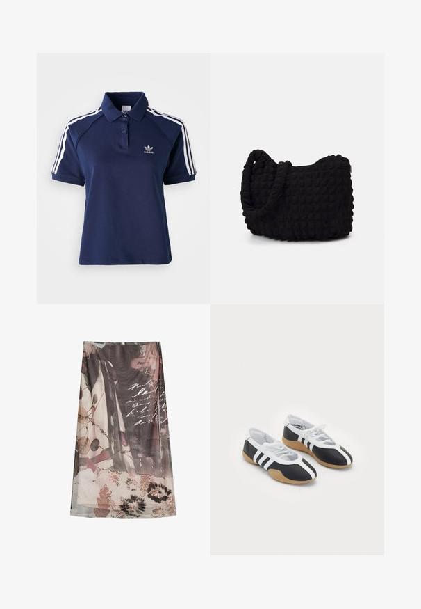 Námornícky polo tričko vyrobené z bavlneného zmiešaného materiálu s golierom, tromi gombíkmi a bielymi pruhy pozdĺž ramien; obsahuje vyšívané logo.; Průhledný šátek se květinovým a abstraktním vzorem v tlumených tónech růžové, zelené a hnědé, doplněný ručně psanými textovými akcenty.; Černobílé sportovní boty s elegantním designem, gumovou podešví, šněrováním a třemi bílými pruhy po stranách.; Černá látková taška s texturovaným, prošívaným vzorem. Zaoblený tvar, krátké, silné uchy a měkká, flexibilní struktura.