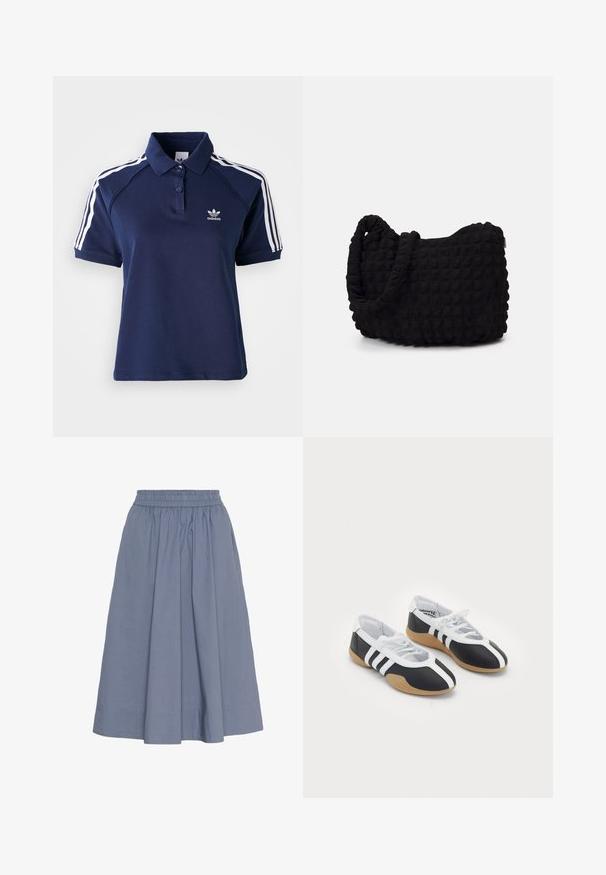 Tumesinine polo särk, mis on valmistatud puuvilla segust, krae, kolm nuppu ja valged triibud õlgadel; särgil on tikitud logo.; Knee-pikkune, helesinine puuvillase seelik elastse vöökohtaga, millel on kogutud disain ja sujuv tekstuur mugavuseks.; Mustvalged spordijalatsid, millel on sile disain, kummist tald, paeltest kinni tõmmatav sulgur ja kolm valget triipu külgedel.; Must mustkott, millel on tekstuuriga tikitud muster. Ümar kuju, lühikesed ja jämedad sangad ning pehme, paindlik struktuur.