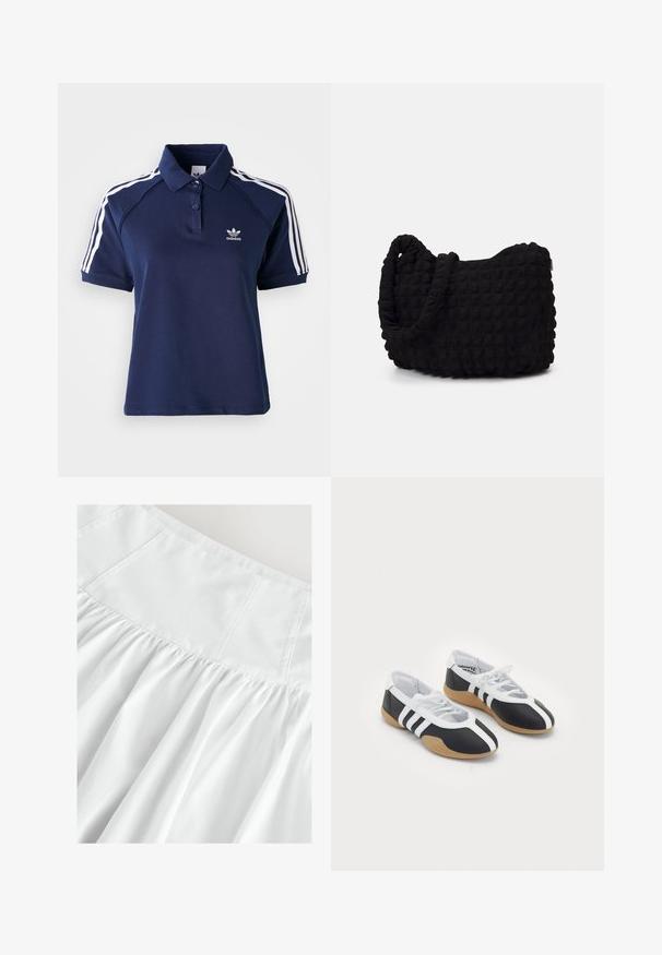 Polo shirt blu navy in misto cotone con colletto, tre bottoni e strisce bianche lungo le spalle; presenta un logo ricamato.; Gonna bianca con top aderente e texture arriccita. Realizzata in tessuto leggero, presenta cuciture sottili e drappeggio morbido e fluido.; Scarpe da ginnastica in bianco e nero con un design elegante, suola in gomma, chiusura con lacci e tre strisce bianche sui lati.; Borsa in tessuto nero con un motivo trapuntato e texture. Forma arrotondata, manici corti e spessi, e una struttura morbida e flessibile.