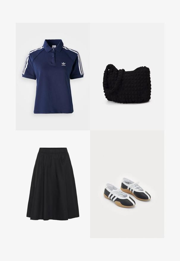 Marineblåt poloshirt lavet af en bomuldsblanding med krave, tre knapper og hvide striber langs skuldrene; har et broderet logo.; Sort nederdel med elastisk talje, flared design, knælængde, lavet af glat stof, med minimale syninger.; Sort-hvide sportsko med et slankt design, gummisål, snørebåndslukning og tre hvide striber på siden.; Sort stofpose med en struktureret, quilted mønster. Rund form, korte, tykke håndtag, og en blød, fleksibel struktur.