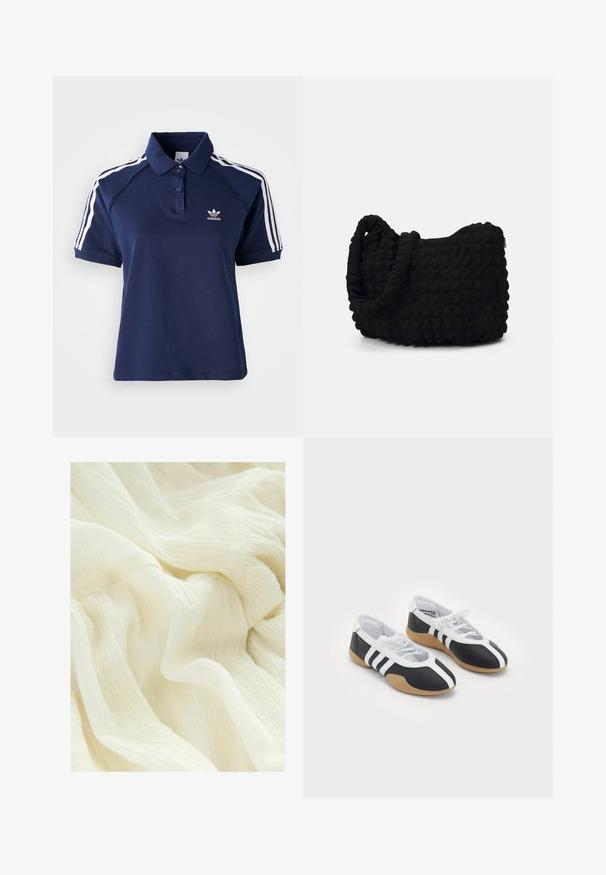Marine polo shirt gemaakt van een katoenmix met een kraag, drie knopen en witte strepen langs de schouders; voorzien van een geborduurd logo.; Gekreukeld wit stof met een zachte, transparante textuur. Het materiaal heeft een lichtgewicht, vloeiende uitstraling met subtiele variaties in toon.; Zwart-witte sport schoenen met een slank ontwerp, rubberen zool, vetersluiting en drie witte strepen aan de zijkanten.; Zwarte stoffen tas met een gestructureerd, gewatteerd patroon. Rondvormig, korte, dikke handvatten en een zachte, flexibele structuur.