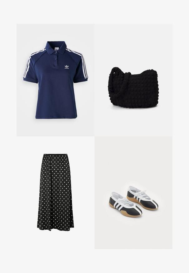 T-paita laivastonsinistä puuvillasekoitetta, jossa on kaulus, kolme nappia ja valkoiset raidat olkapäillä; varustettu brodeeratulla logolla.; Musta pilkullinen hame, jossa on virtaava muotoilu, valkoisia pisteitä, joustava vyötärö, keskipitkä leikkaus ja sileä pinta.; Musta-valkoiset urheilukengät, joissa on sulavalinjainen muotoilu, kumipohja, nauhakiinnitys ja kolme valkoista raitaa sivuilla.; Musta kangaspussi, jossa on teksturoitu, tikkikuvio. Pyöreä muoto, lyhyet, paksut kahvat ja pehmeä, joustava rakenne.