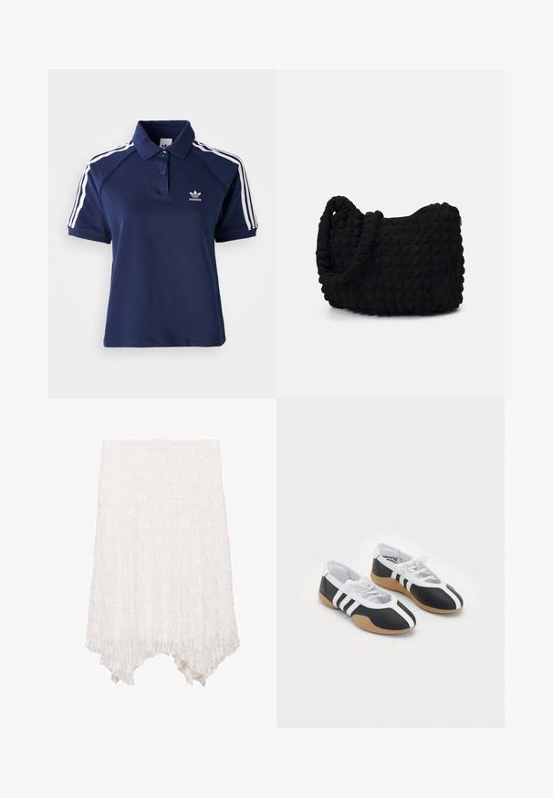 Marine polo shirt gemaakt van een katoenmix met een kraag, drie knopen en witte strepen langs de schouders; voorzien van een geborduurd logo.; Witte kanten rok met een gelaagde ontwerp, voorzien van een bloemenpatroon en een asymmetrische zoom die aan de voorkant korter en aan de achterkant langer is.; Zwart-witte sport schoenen met een slank ontwerp, rubberen zool, vetersluiting en drie witte strepen aan de zijkanten.; Zwarte stoffen tas met een gestructureerd, gewatteerd patroon. Rondvormig, korte, dikke handvatten en een zachte, flexibele structuur.