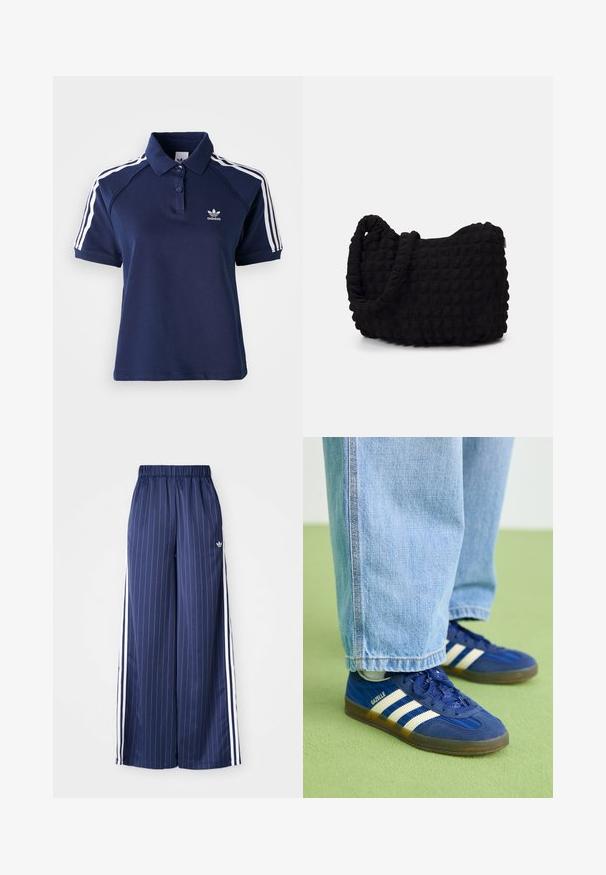 Camisa polo azul-marinho feita de uma mistura de algodão, com colarinho, três botões e riscas brancas ao longo dos ombros; apresenta um logótipo bordado.; Calças largas azul marinho com riscas brancas verticais, cintura elástica e três riscas brancas ao longo de cada lado, feitas de um material leve.; Tênis de camurça azul com riscas brancas e padrões texturizados, usados com calças de ganga azul claro, contra um fundo verde.; Saco de tecido preto com um padrão texturizado e acolchoado. Forma arredondada, alças curtas e grossas, e uma estrutura macia e flexível.