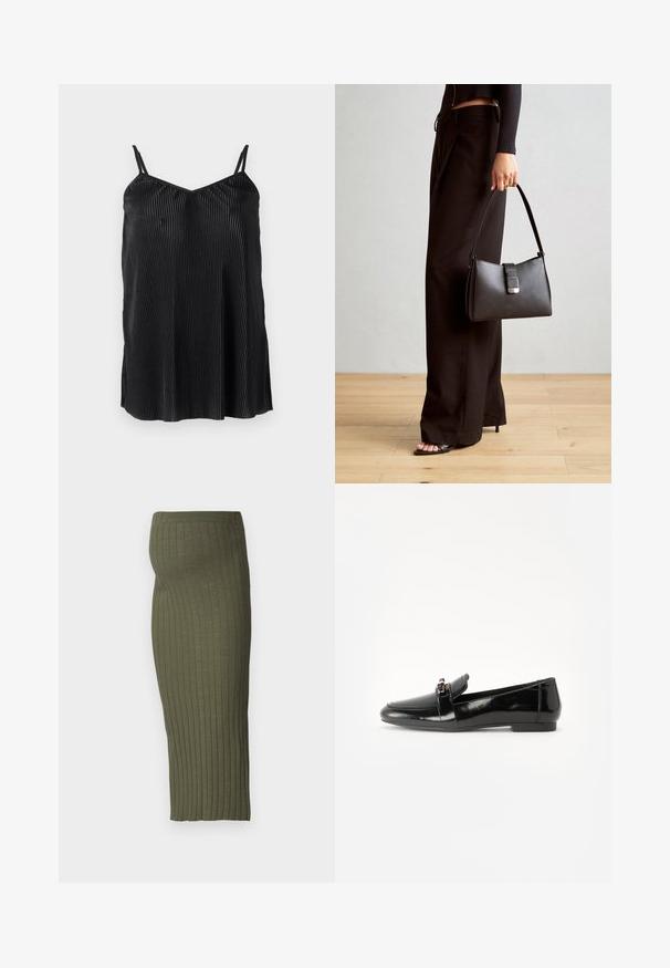 Črna majica brez rokavov z tankimi nastavljivimi naramnicami, z navpičnimi naborki in gladko teksturo, zasnovana s pravim robom in sproščenim krojem.; Olivno zelena midi krilo z rebrastim pletenjem in elastiko v pasu, ki ima vertikalne črte za teksturo in oprijet kroj.; Črne lakirane usnjene loaferske čevlje s ravnim podplatom, zaobljenim nosom in dekorativnim pasom z zlatim naglasom. Gladek, sijoč poljšček.; Črna torbica z strukturirano obliko, gladko teksturo in kovinskim zaponko. Ujemajo se z širokimi črnimi hlačami in odprtimi sandali na lesenem tleh.