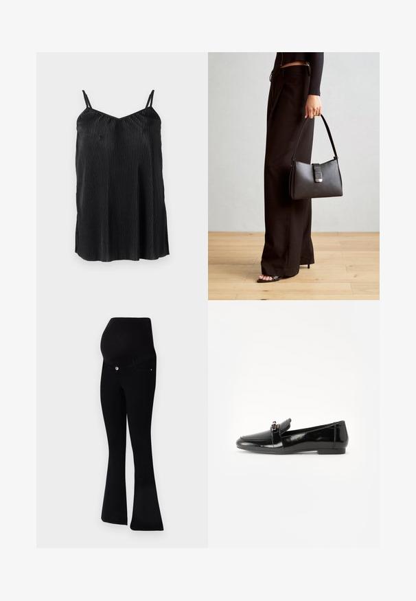 Schwarzes Trägertop mit dünnen verstellbaren Trägern, das vertikale Falten und eine glatte Textur aufweist, mit einem geraden Saum und lockerer Passform gestaltet.; Schwarze Umstandshose mit ausgestelltem Bein, weichem Stoff, hohem Taillenbund für Unterstützung und einem Knopfverschluss vorne.; Schwarze Lackleder-Lederschuhe mit flacher Sohle, runder Spitze und einem dekorativen Riemen mit einem goldfarbenen Akzent. Glattes, glänzendes Finish.; Schwarze Handtasche mit strukturierter Form, glatter Textur und einem metallischen Verschluss. Kombiniert mit weiten schwarzen Hosen und offenen Sandalen auf einem Holzboden.