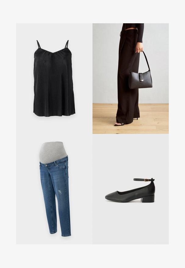 Čierny tielko s tenkými nastaviteľnými ramienkami, so zvislými skladmi a hladkou textúrou, navrhnuté s rovnými okrajmi a voľným strihom.; Tehotenské džínsy v stredne umývanej modrej denim. Obsahujú sivý elastický pás, päť vreciek a drobné škrabance na prednej strane.; Čierne kožené lodičky s špicatou špičkou a nízkym blokovým podpätkom. Obsahuje remienok okolo členka so zlatým prackou. Hladký povrch.; Čierna kabelka so štruktúrovaným tvarom, hladkou textúrou a kovovou sponou. V kombinácii so širokými čiernymi nohavicami a sandálmi s otvorenou špičkou na drevenej podlahe.