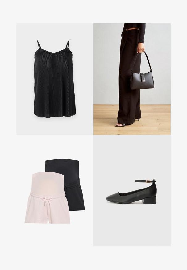 Melna topiņa ar plānām regulējamām siksniņām, ar vertikālām krokām un gludu tekstūru, veidota ar taisnu apakšmalu un brīvu piegriezumu.; Divas grūtniecības šorti: vieni rozā, otrie melni. Abiem ir elastīga josta un saite regulējamai izmēram.; Melnas ādas sūkņi ar smailu purngalu un zemu bloku papēdi. Iezīmēts ar potītes siksniņu ar zelta krāsas sprādzi. Gluda tekstūra.; Melnā somiņa ar strukturētu formu, gludu tekstūru un metālu sprādzi. Saskaņota ar platām melnām biksēm un sandālēm ar atvērtu purngalu uz koka grīdas.