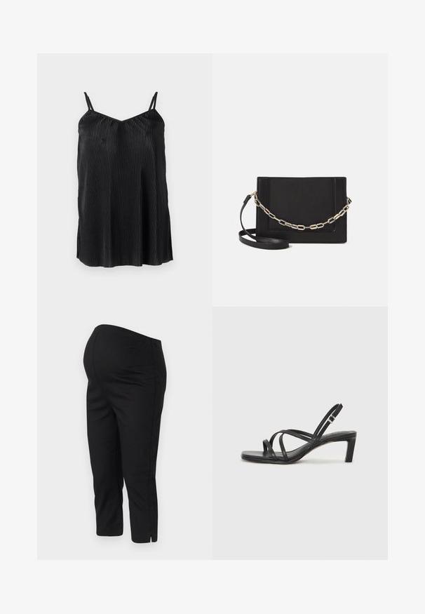 Svart cami-top med tynne justerbare stropper, med vertikale folder og en glatt tekstur, designet med en rett kant og avslappet passform.; Sorte tights med elastisk linning, kort lengde og sideslisser i kanten for enkel bevegelse. Glatt tekstur.; Sorte sandaler med stropper, firkantet tå og lav blokk hæl. Har flere tynne stropper og en justerbar ankelstropp. Laget av glatt lær.; Svart lær crossbody-veske med glatt tekstur, rektangulær form og metallkjede detaljer på framsiden. Justerbar stroppe inkludert.