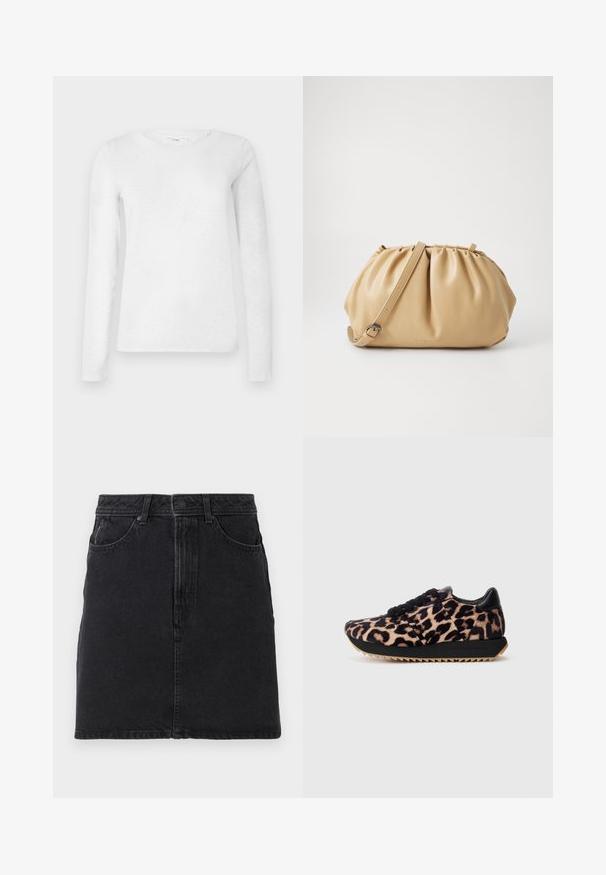Fehér női hosszú ujjú pamut póló, kerek nyakkivágással, egyszerű fehér háttér előtt kiemelve.; Fekete farmer szoknya egyenes szabásban, elülső gombos és cipzáras záródással, két elülső zsebbel és egyszerű varrási részletekkel.; Leopárd mintás sportcipők, fekete bőr sarkával és fűzőjével, texturált felső résszel és cakkos gumitalppal a tapadás érdekében.; Barna bőr kézitáska ráncolt dizájnnal, állítható pánttal és kerekített formával. Minimalista márkázás az elülső felületen.
