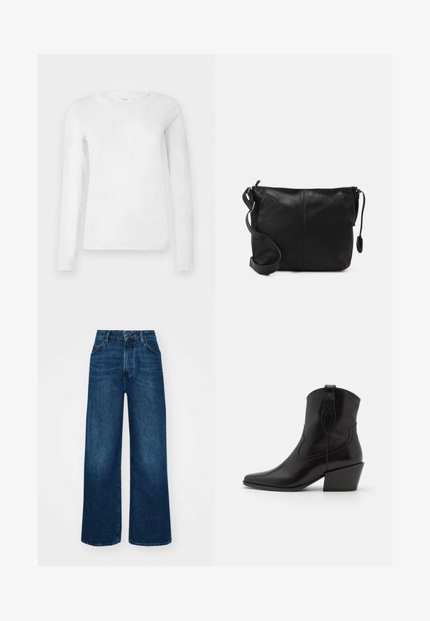 Baltās sieviešu kokvilnas blūzes ar garām piedurknēm, apaļa kakla izgriezuma, attēlots uz vienkārša baltā fona.; Augsti vidukļa, plata kāju džinsi tumši zilā denima ar gludu tekstūru, kontrastējošu šuvju un piecu kabatu dizainu. Priekšpuses pogu aizdare.; Kennel + Schmenger ZIA - Kovboju/motociklistu tipa puszābaki - schwarz; Melnas ādas plecu soma ar platu formu, ar zelta aksesuāriem un regulējamu siksnu. Gluda tekstūra ar minimāliem šuvju detaļām.