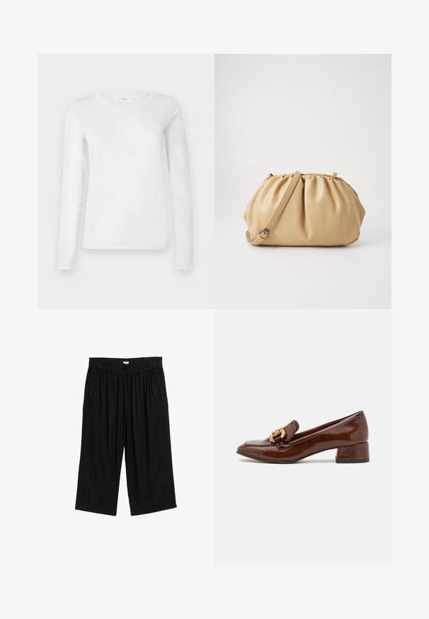Dolga majica z dolgimi rokavi iz bombaža za ženske, bele barve, z okroglo ovratnico, prikazana na enostavni beli podlagi.; Črne culotte hlače z elastičnim pasom, ki imajo stranske žepi in gladko, lahko tkanino. Oblikovanje je ohlapno.; Brahkni usnjeni mokasini z sijočo površino, ki imajo dekorativno zlato zaponko spredaj in nizko blok peto. Klasična zasnova.; Bež usnjena torba s pliséjem, nastavljivim ročajem in zaobljeno obliko. Minimalistična oznaka na sprednji površini.