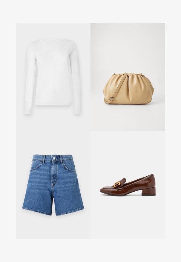Baltās sieviešu kokvilnas blūzes ar garām piedurknēm, apaļa kakla izgriezuma, attēlots uz vienkārša baltā fona.; Denim šorti vidēji zilā krāsā, ar augstu jostasvietu, piecām kabatām un kontrastējošu šuvumu. Audumam ir gluda tekstūra un taisnas kājas.; Brūni ādas mokasīni ar spīdīgu apdari, ar dekoratīvu zelta sprādzi priekšpusē un zemu blokveida papēdi. Klasisks dizains.; Brūns ādas soma ar krokotu dizainu, regulējamu siksnu un noapaļotu formu. Minimālistiska zīmola atzīme uz priekšpuses.